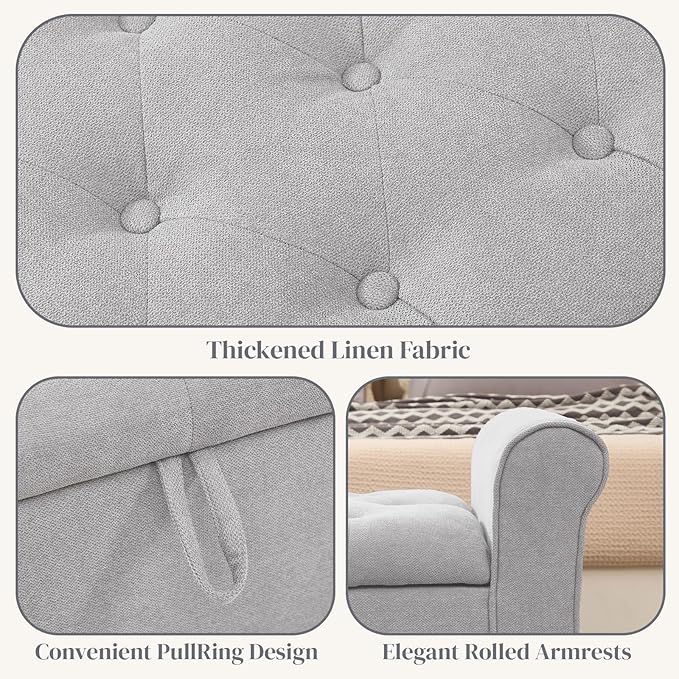End of Bed Storage Bench for Bedroom, 49" Upholstered Storage Ottoman with Rolled Arms, Rivet Polyester Fabric Ottoman Bench for Bedroom, Living Room, Window, Entryway, Light Gray