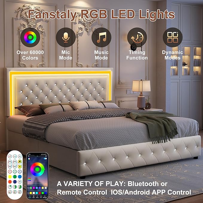 King Led Bed Frame with 4 Storage Drawers, Bed Frame with Led Lights No Box Spring Needed, 900 lbs Capacity, Easy Assembly, Velvet Cream
