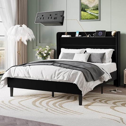 SHA CERLIN Full Size Bed Frame with Charging Station, Velvet Upholstered Platform Bed, Wingback Storage Headboard, Type-C & USB Ports, Strong Wooden Slats, No Box Spring Needed, Easy Assembly, Black