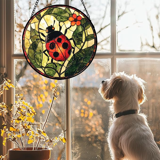 Stained Glass Window Hanging - Red Ladybug Green Plant Flower Sun Catcher for Door Home Decor Insect Suncatcher Christmas Mother's Day Birthday Gifts for Women Men Mom Nana 11.8 in