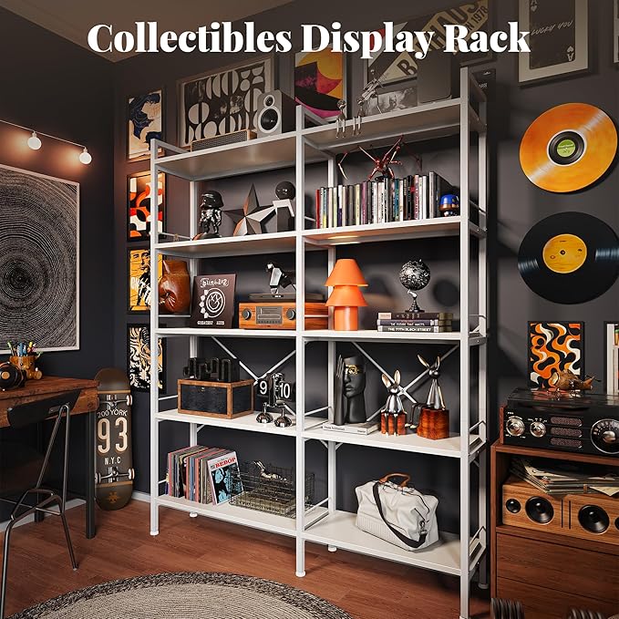 Huuger 5 Tier Bookshelf, L Shaped Corner Bookshelf with 10 Open Shelves, 49.4 Inch Straight Wide Bookcase with Metal Frame and Wooden Board, Adjustable Feet, White