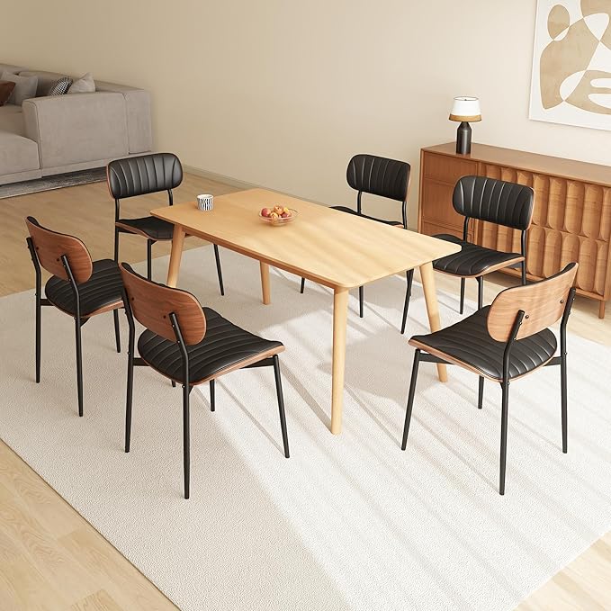 Modern PU Leather Dining Room Chairs Set of 6, Upholstered Kitchen Chairs with Walnut Bentwood Back and Metal Legs Adjustable Feet for Kitchen Dining Room(Balck)