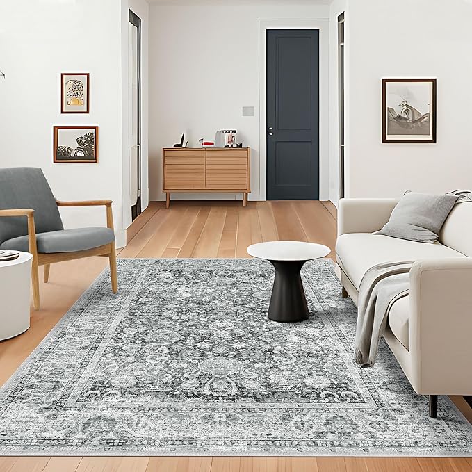 Area Rugs 5x7 - Grey Area Rug for Living Room, Bedroom & Dining Room - Soft Faux Wool, Low-Pile Distressed Carpet Print Floor Covering