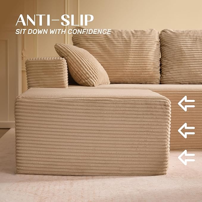 138" Boneless Couch with Deep Seat, Modular Sectional Sofa, Cloud Sectional Couch for Living Room, No Assembly Required, Corduroy, U-Shape 4 Seater Left, Camel