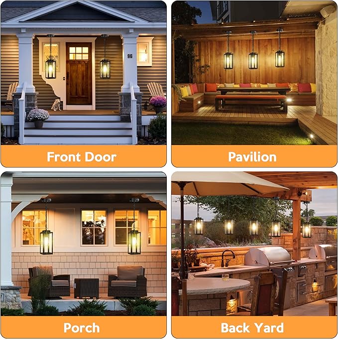 Outdoor Pendant Light, 11" Porch lights Outdoor Chandelier Hanging Ceiling Lights, Black Aluminum Lightshade with Tempered Glass, Exterior Lighting Fixture for Porch Yard Gazebo, 1 Pack, No Sensor