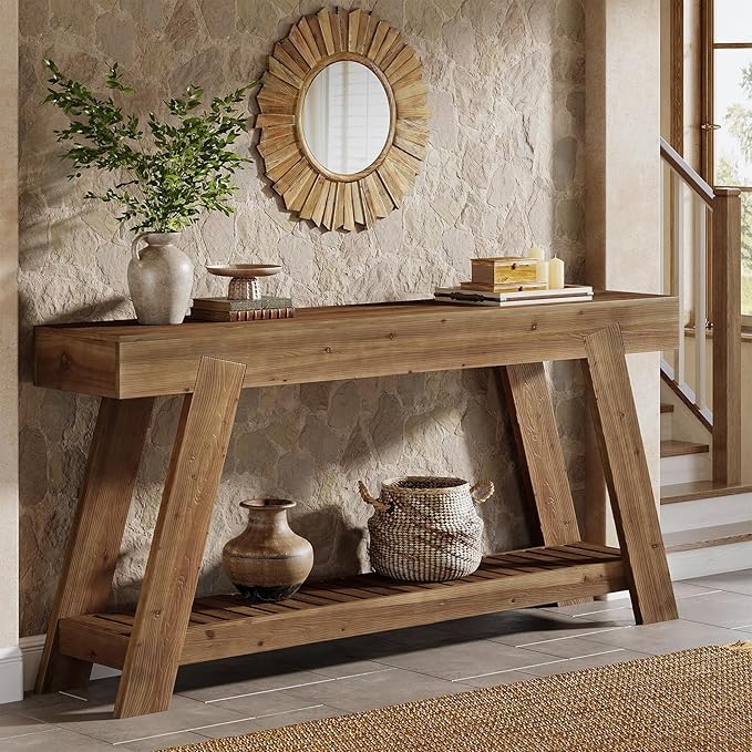 Solid Wood Console Table, 62.9-Inch Long Narrow Entryway Sofa Table with Storage Shelf for Living Room Hallway Entrance