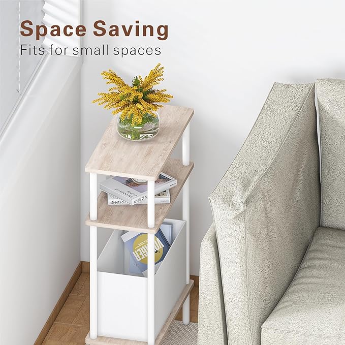 Narrow Side Table with Fabric Basket, End Table for Small Spaces, Slim Nightstand with 3-Tier Storage Shelf, Sofa Beside Table, for Living Room, Bed Room, Natrual Oak