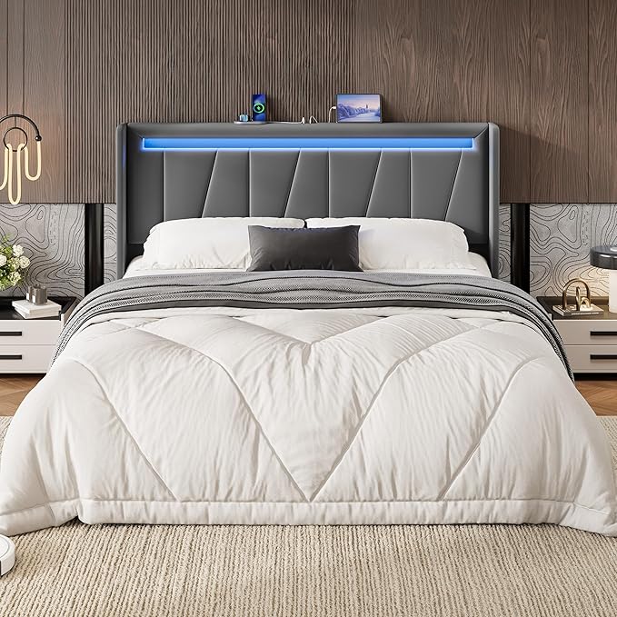 SHA CERLIN Full Size Bed Frame with Charging Station and LED Lights, Modern Velvet Platform Bed with Upholstered Geometric Wingback Headboard, No Box Spring Needed, Easy Assembly, Grey