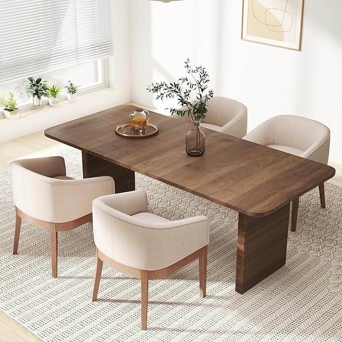 Beige Mid Century Modern Dining Chairs Set of 4, Farmhouse Linen Upholstered Accent Curved Backrest Kitchen Chairs Armchairs with Natural Wood Legs, Beige