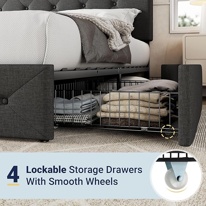 Allewie Upholstered Full Size Platform Bed Frame with 4 Storage Drawers and Headboard, Diamond Stitched Button Tufted, Mattress Foundation with Wooden Slats Support, No Box Spring Needed, Dark Grey