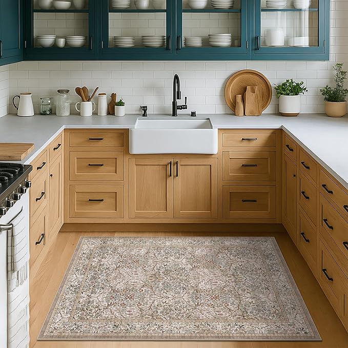 Vintage Moss Green 3x6 Area Rugs for Large Entryway, Bedroom Beside Rug, Kitchen, Non-Slip Low Pile Ultra Soft Stain Resistant Small Floral Neutral Carpet