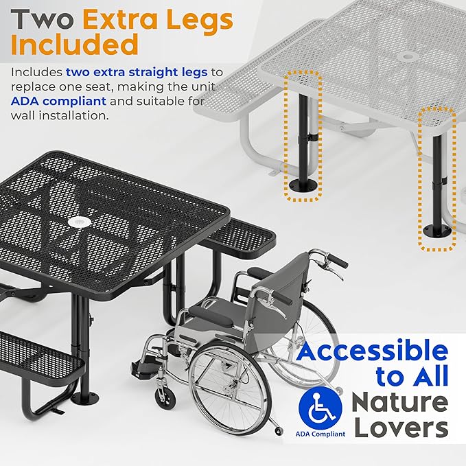 Metal Picnic Tables for Outdoors with Umbrella Hole - Coated Steel Heavy Duty Commercial Grade Furniture with Adjustable Seats (Black, 46 in, Square, Expanded Steel)