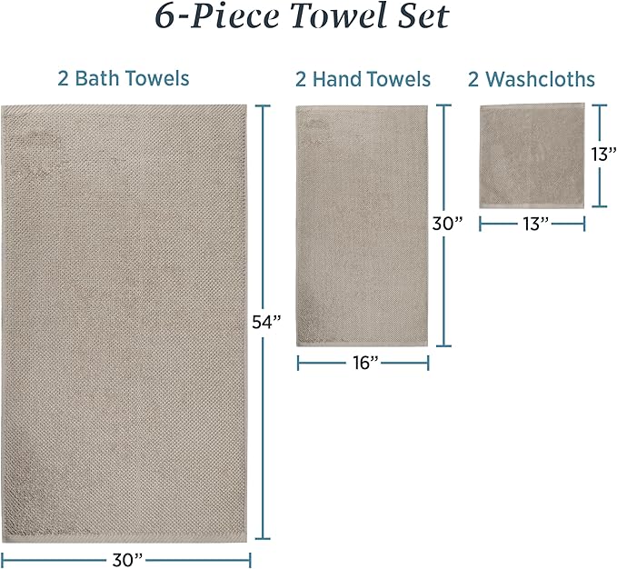 Welhome Franklin 100% Cotton Popcorn Textured Towel Set - 6 Piece 600 GSM, Soft & Plush, 2 Bath Towels, 2 Hand Towels, 2 Washcloths, Taupe