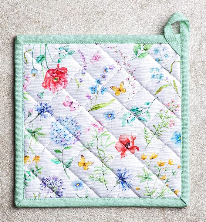 Maison d' Hermine Pot Holders Set 100% Cotton Heat Resistant Potholders 8" x 8" Hot Pads with Loop BBQ, Cooking, Baking, Grilling, Kitchen, Handling Hot Pans Spring/Summer (Pack of 2, Just Floral)