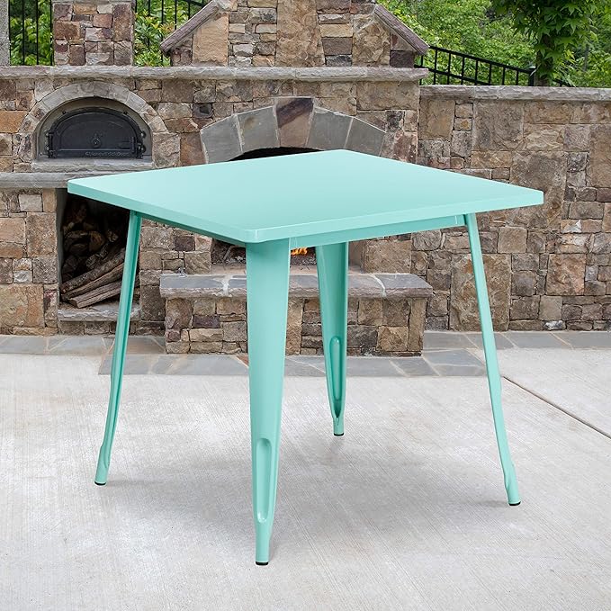 EMMA + OLIVER Commercial Grade 31.5" Square Mint Green Metal Indoor-Outdoor Table