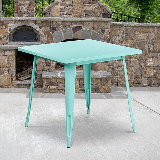 EMMA + OLIVER Commercial Grade 31.5" Square Mint Green Metal Indoor-Outdoor Table