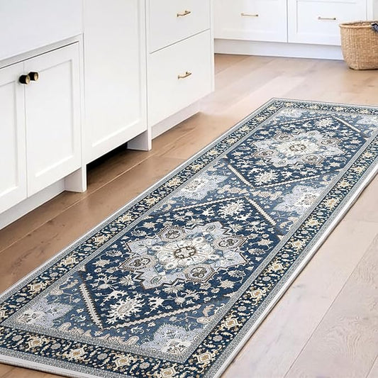 OPPODREAM Thin Entryway Rug 2x6, 2x6 Rug Runner, Washable Hallways Carpet 2 x 6 with Non Slip Backing, Low-Pile Bedside Carpet 2 x 6, Long, Faux Cashmere, Navy Blue & Gold