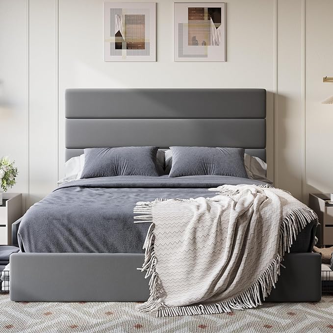 SHA CERLIN Queen Size Platform Bed Frame with 4 Storage Drawers, Velvet Upholstered Headboard, Mattress Foundation with Wooden Slats Support, No Box Spring Needed, Easy Assembly, Grey
