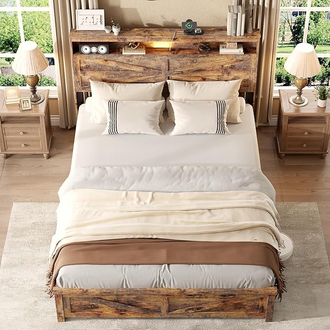 Farmhouse Queen Size Bed Frame with Headboard Storage Shelf, Wood Platform Bed Frame with LED Lights & Charging Station, Rustic Brown Metal Bed, No Box Spring Needed, Noise-Free Sturdy Structure