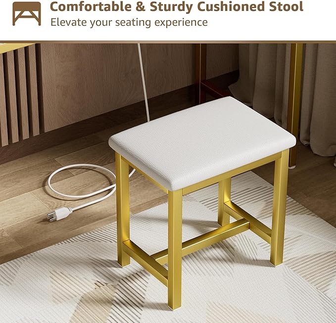 Girls Vanity Desk with Mirror and Lights Small Makeup Vanitys Set with Chair Fabric Drawers Power Outlet, Dressing Table Vanities for Kids Bedroom 40“ White and Gold