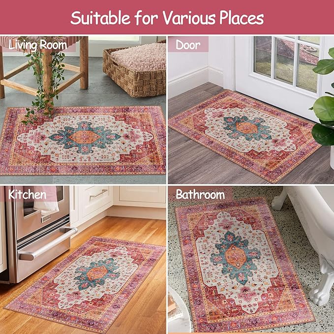 Moynesa Ultra-Thin Washable Pink Area Rug - 2x3 Small Pink Washable Bedroom Rug Entry Mat, Vintage Non-Slip Non-Shedding Low Pile Indoor Throw Carpet for Laundry Living Room Hardwood Floors Kitchen