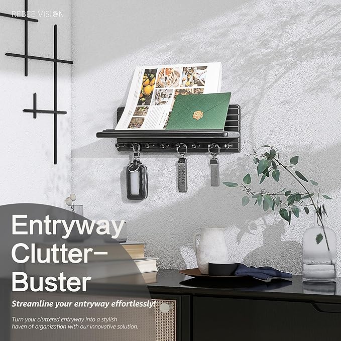 Rebee Vision Farmhouse Key Holder Wall Mount for Room Decor – Modern Key Rack for Wall with 8 Sturdy Hooks & Floating Shelf - House Organization Solution for Aesthetic Spaces(Black)