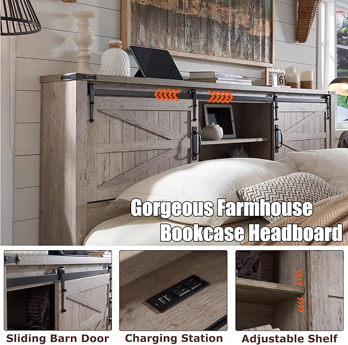 RedLemon Farmhouse King Size Bed Frame with Bookcase Headboard & Sliding Barn Door, Storage Shelves, Charging Station, Wood Slats Support, No Box Spring Needed, Light Rustic Oak