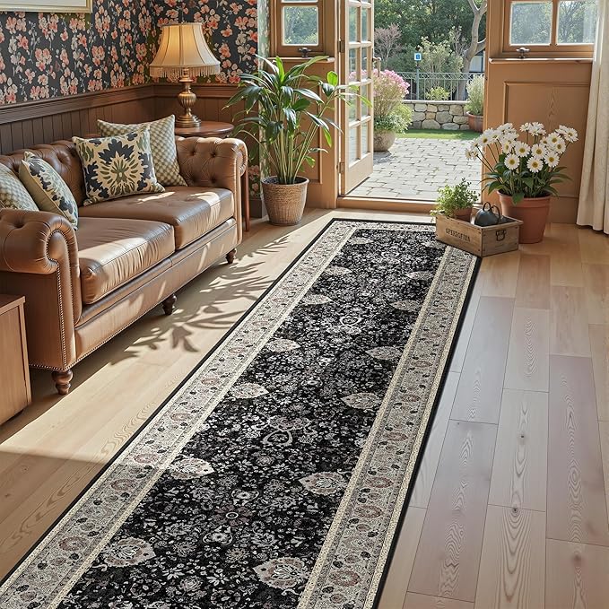 Vintage 2x10 Runner Rugs for Hallway Non-Slip Hallway Runner Rug with Rubber Backing Washable Rug Runner for Kitchen Bedroom Vintage Distressed Carpet(Blcak Navy Multi