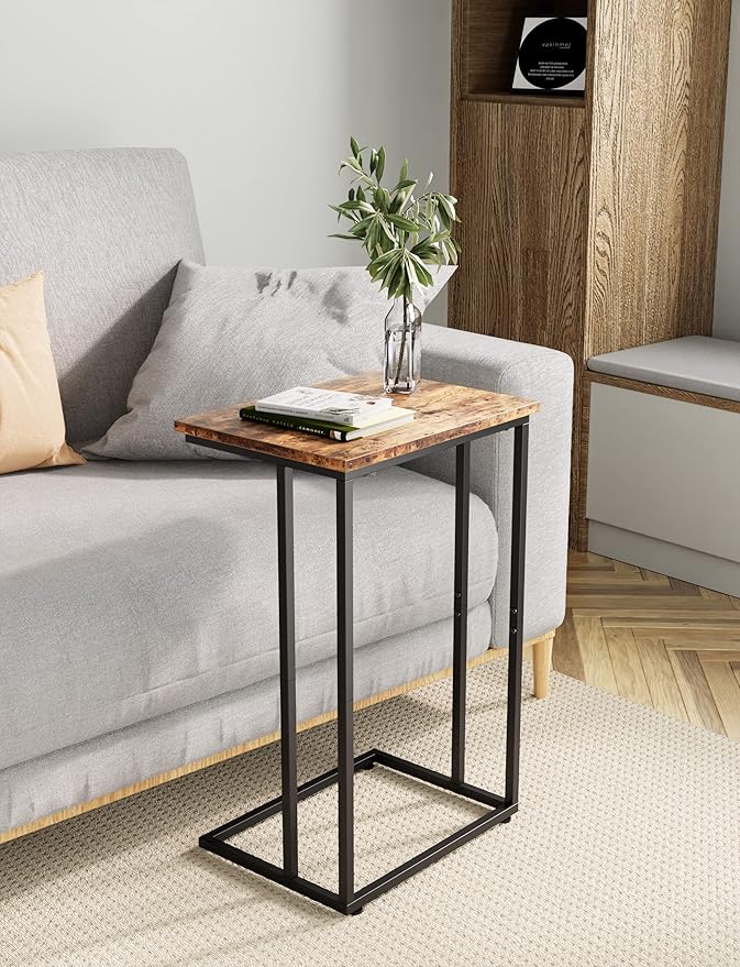 Innerjoin Wide C Side Table,C Couch Laptop Table with Metal Frames, Small Snack End Table for Sofa and Bed, Retro Laptop C Side Table, Living Room and Bedroom, Industrial Style, Rustic Brown