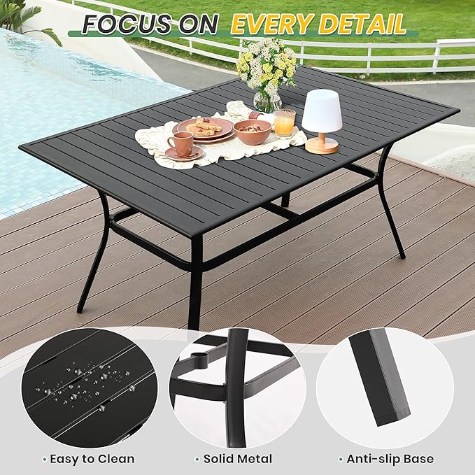 LVUYOYO Outdoor Patio Dining Table, Metal Rectangular Table with Umbrella Hole, All-Weather Furniture for Backyard, Garden,Balcony,Porch (Black)