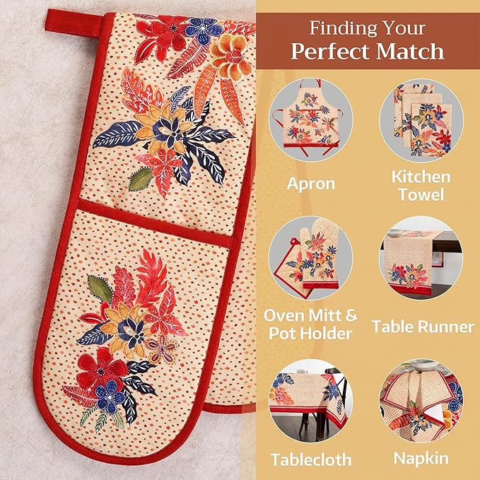 Maison d' Hermine Double Oven Mitt (7" x 35") 100% Cotton Heat Resistant BBQ Cooking Gloves with Loop for Thanksgiving Christmas Decorations Baking Cooking Barbeque Handling Hot Pan (Kalahari)