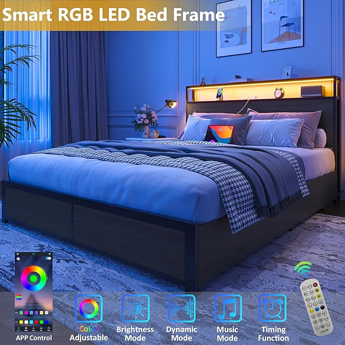 Lifezone Queen Bed Frame with 2-Tier Storage Headboard, Metal Platform Bed Frame with 4 Storage Drawers, Built in Charging Station & LED, Noise-Free/Metal Support/No Box Spring Needed, Rustic Grey