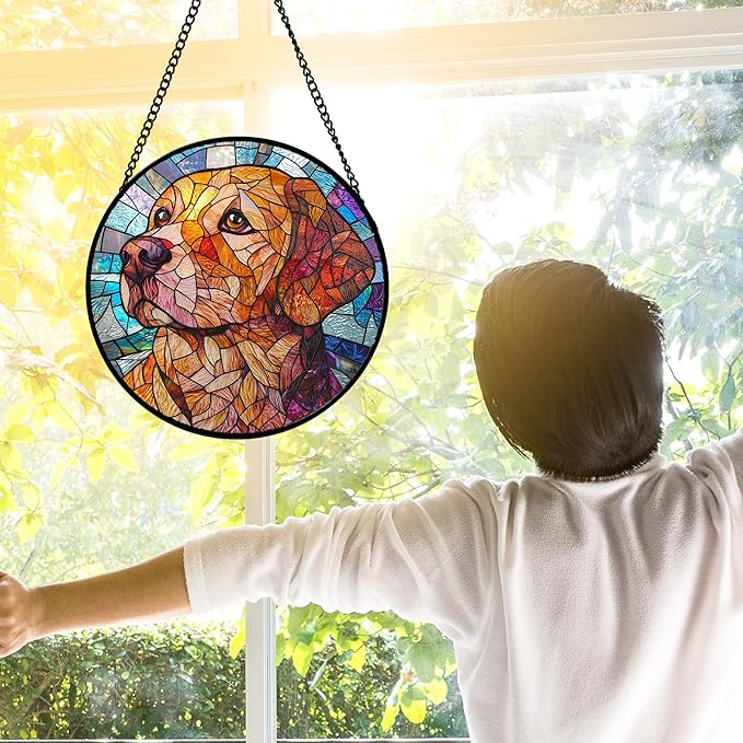 Stained Glass Window Hanging, Cute Dog Abstract Sun Catchers Colorful Glass Panel Texture Suncatcher Decor for Birthday for Women, Men, Wife, Aunt, and Mom 9.8 in