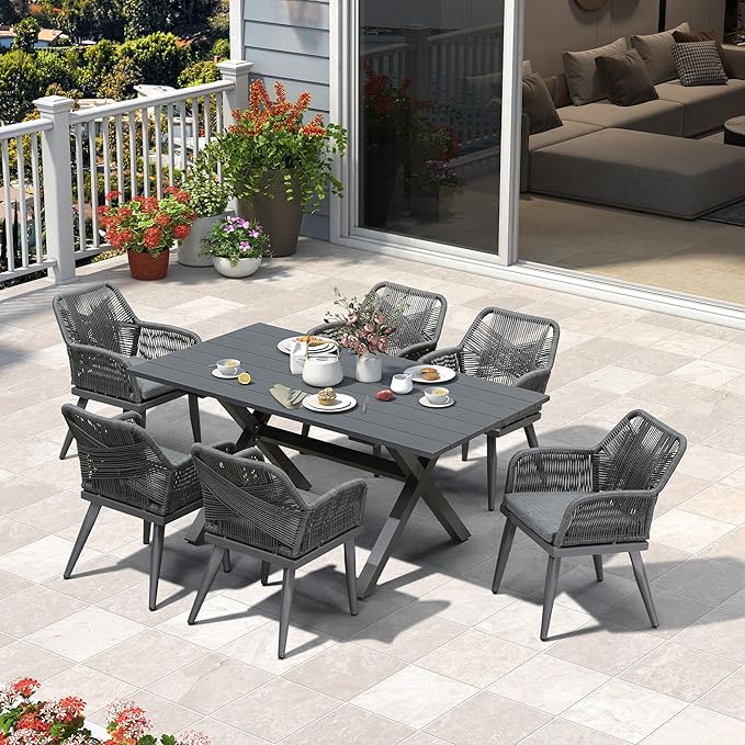 PURPLE LEAF 7 Pieces Outdoor Dining Set All-Weather PE Rattan Outdoor Patio Furniture Set with All Aluminum Frame Rectangular Table and Chairs Set for Lawn Garden Backyard Deck, Grey