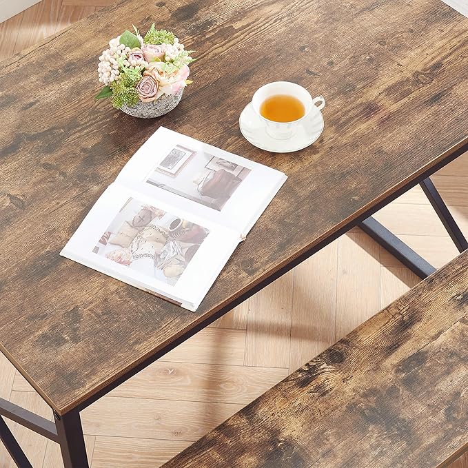 VECELO Kitchen Dining Table Benches Set for 4, 43.3" Wooden Dinette with 2 Benches, Heavy-Duty Dining Room Table for Small Space, Breakfast Nook, BrownRustic Brown