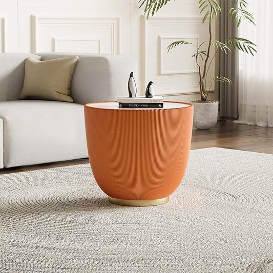 Orange Round Coffee Table with Sintered Stone Tabletop, 19.69 Drum Coffee Table with Fluted PU Leather Covered and Metal Base, Circle Cocktail Tea Table for Living Room