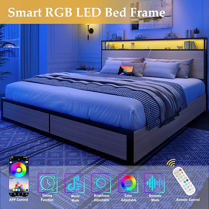 Lifezone King Bed Frame with 2-Tier Storage Headboard, Metal Platform Bed Frame with 4 Storage Drawers, Built in Charging Station & LED, Noise-Free/Metal Support/No Box Spring Needed, Beige