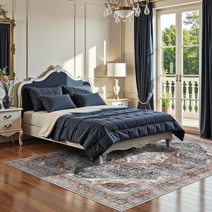 Rugs 5x7 Washable Rug, Non Slip Large Rug for Living Room Bedroom Dining Room, Low-Pile Kid & Pet Friendly Distressed 5x7 Carpet Print Floor (Border Brown/Navy Blue)