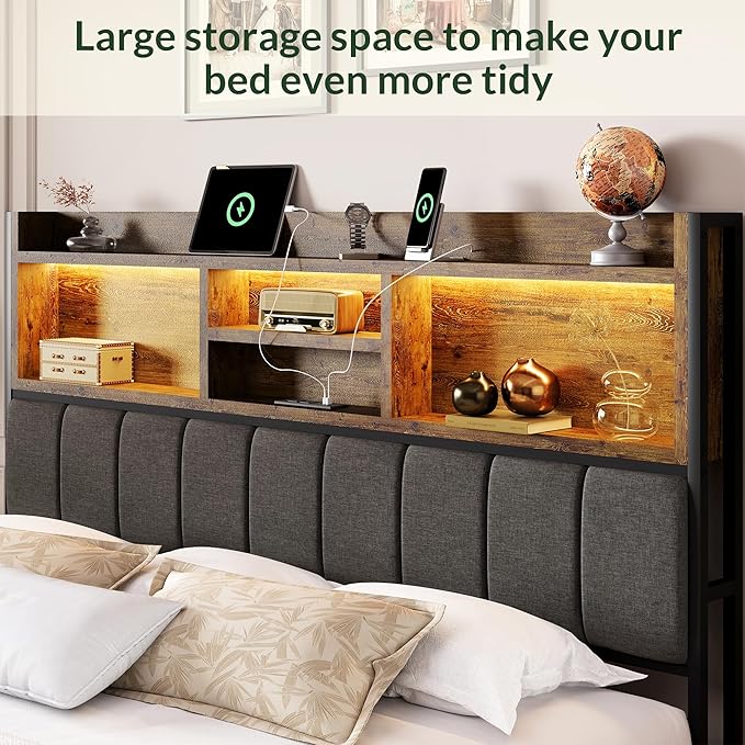 LARMACE Queen Bed Frame with 6 Storage Drawers, Bed Frame Queen Size with Linen Upholstered Headboard, Built in Charging Station and LED, No Noise, Metal Support, No Box Spring Needed,Vintage Black