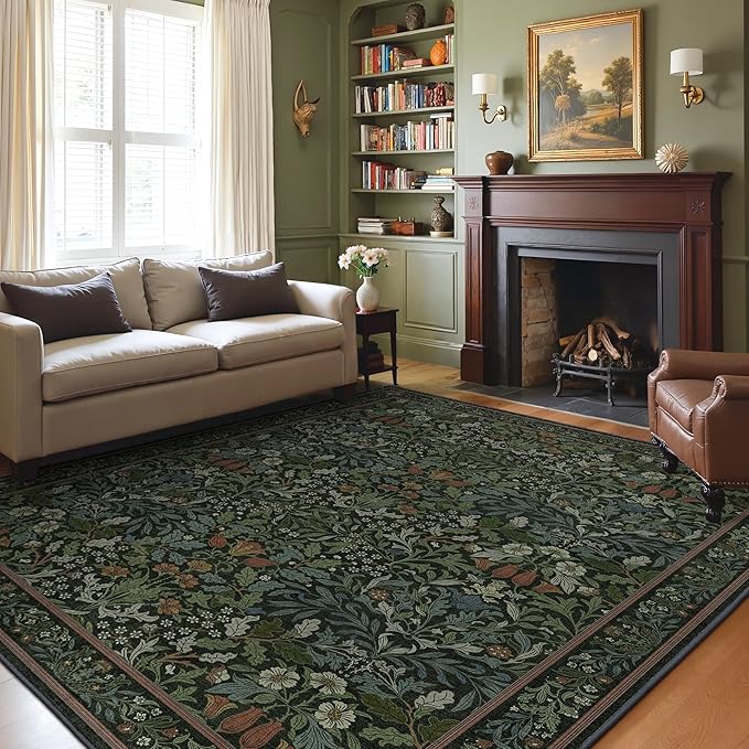 GENIMO 6x9 Washable Area Rug, Non-Slip Vintage Boho Floral Carpet, Soft Low-Pile Thin Living Room Rug for Bedroom, Dining Room, Nursery, Dark Green