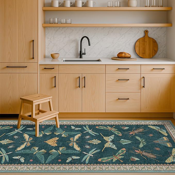 Brown and Green Kitchen Sink Runner Rug 2x6 - Teal Boho Bathroom Rugs for Entrance Indoor, Insect Print Floral Vintage, Washable Non Skid Stain Resistant