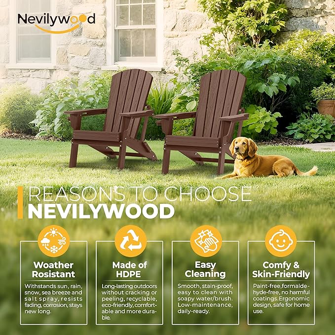 nevilywood Folding Adirondack Chair with Cup Holder, HDPE Patio Chairs, All-Weather Outdoor Chairs for Backyard, Deck, Fire Pit-Coffee