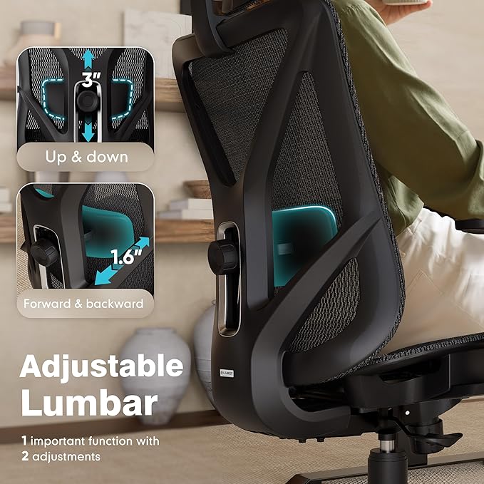 ELABEST T23 Ergonomic Office Chair with 2D Lumbar Support & 3D Headrest, High Back Mesh Swivel Chair with Adjustable 3D Armrests, Breathable Computer Desk Chair for Long Hour Sitting (Graphite Black)