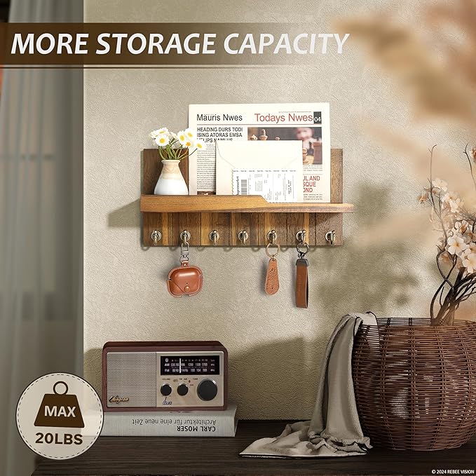 Rebee Vision Key Holder Wall Mount for Home Decor - Key Holder for Wall with Floating Shelf for Hanging Coats & Hats - to Elevate Farmhouse Decor (Acacia Wood, 3.54''×15''×7.28'')