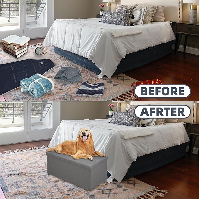 CAROLMADE 30 Inches Storage Ottoman Bench with Flipping Lid, Linen Foldable Storage Footrest, Ottoman with Storage for Living Room Holds up to 330lbs, Light Grey