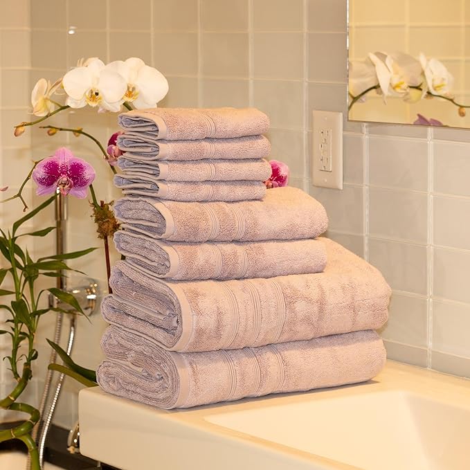 Mosobam Luxury Turkish 8pc Towel Set 30X58 16X30 13X13 Lavender Aura 700 GSM Bamboo Viscose & Aegean Turkish Combed Cotton