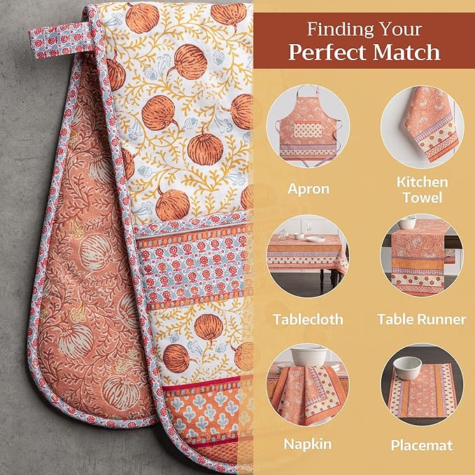 Maison d' Hermine Double Oven Mitt (7" x 35") 100% Cotton Heat Resistant BBQ Cooking Gloves with Loop for Thanksgiving Christmas Decorations Baking Cooking Barbeque Handling Hot Pan (Harvest Festival)