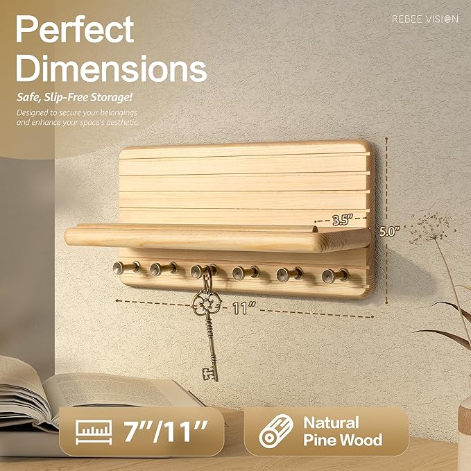 Rebee Vision Decorative Key Holder Wall Mount – Farmhouse 11-Inch Pine Wooden Key Holder for Wall with 6 Hooks & Floating Shelf - Chic and Functional Home Decor Solution (Natural Wood)