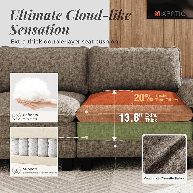 U-Shaped Cloud Modular Sofa Set, Deep Seat 3-Piece 6-Seater Sectional Couch & Removable Arms, Plush Chenille for Living Room - Smoky Gray