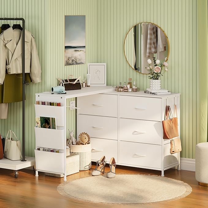 Modern Corner Vanity Desk with 6 Fabric Drawers Power Outlet Side Pocket L Shaped Drawers Makeup Desk Dressing Table for Girls Women Bedroom (White)